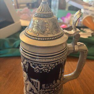WEST GERMAN BEER STEIN BY GERZ  COBALT BLUE ON GRAY FESTIVE TRADITIONAL